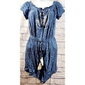 Rewind Blue White Floral Print Romper Medium Lightweight Elastic Waist Stretch
